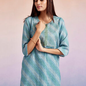 Leheriya Printed Schiffli Blue Straight Kurta
