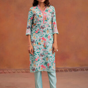 Blue Embroidered Tropical Printed Straight Kurta