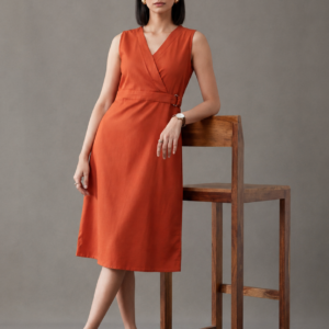Rust Straight Fit Dress With Belt Detail