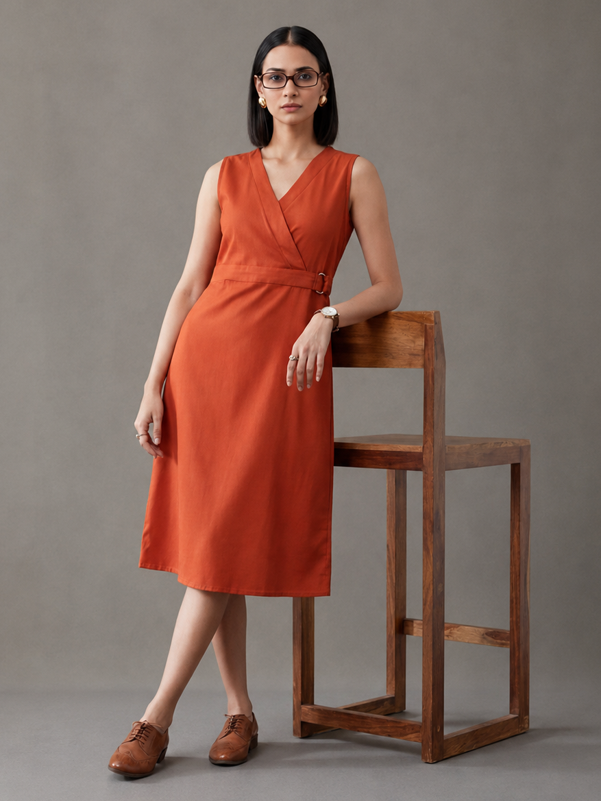 Rust Straight Fit Dress With Belt Detail