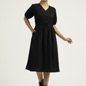 Black Dori Embroidered Gathered Cotton Dress