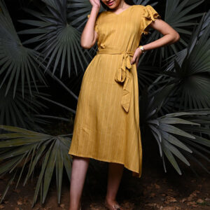 Yellow Self Weave Rayon Flared Dress With Belt