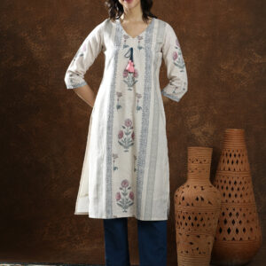 Floral Embroidered Straight Linen Kurta & Trousers Sets