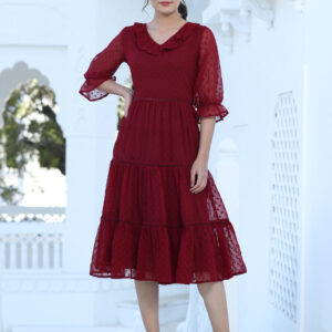 Maroon Color Polka Self Weave Georgette Tiered Lace Inserted Dress