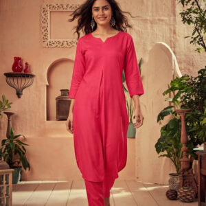 Fuchsia Pleated Straight Kurta With Pants