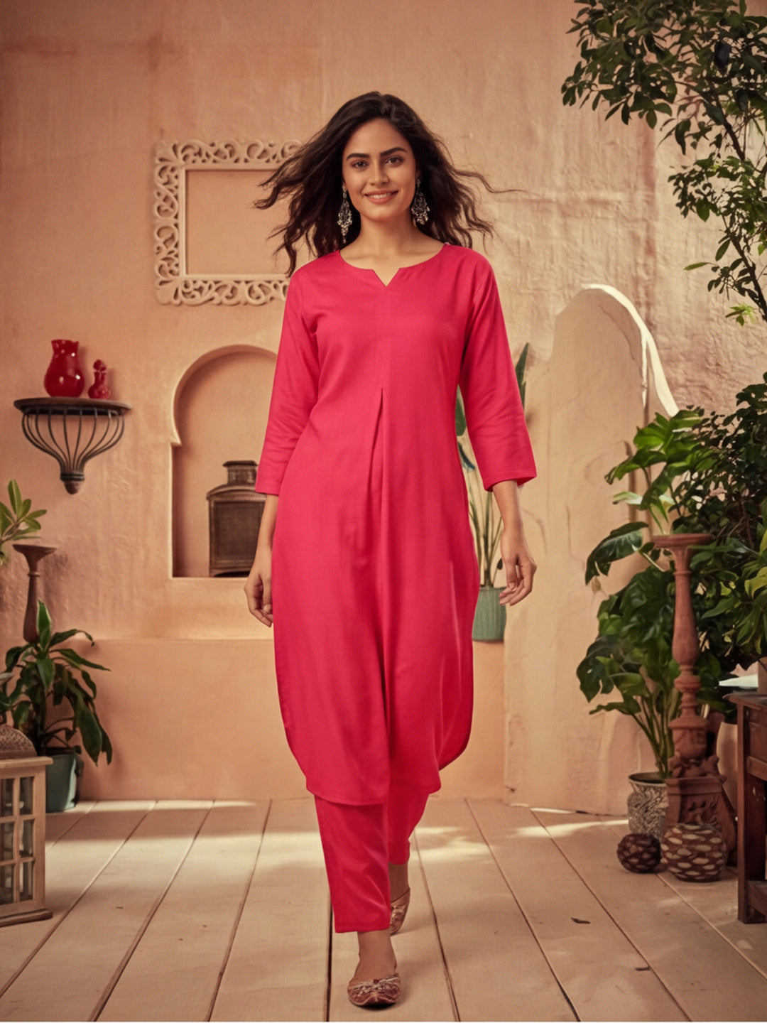 Fuchsia Pleated Straight Kurta With Pants