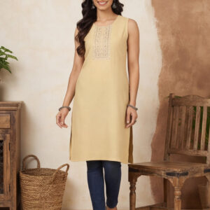 Beige Embroidered Sleeveless Kurta