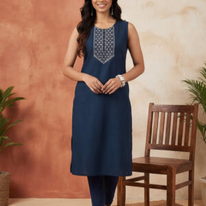 Teal Embroidered Sleeveless Kurta