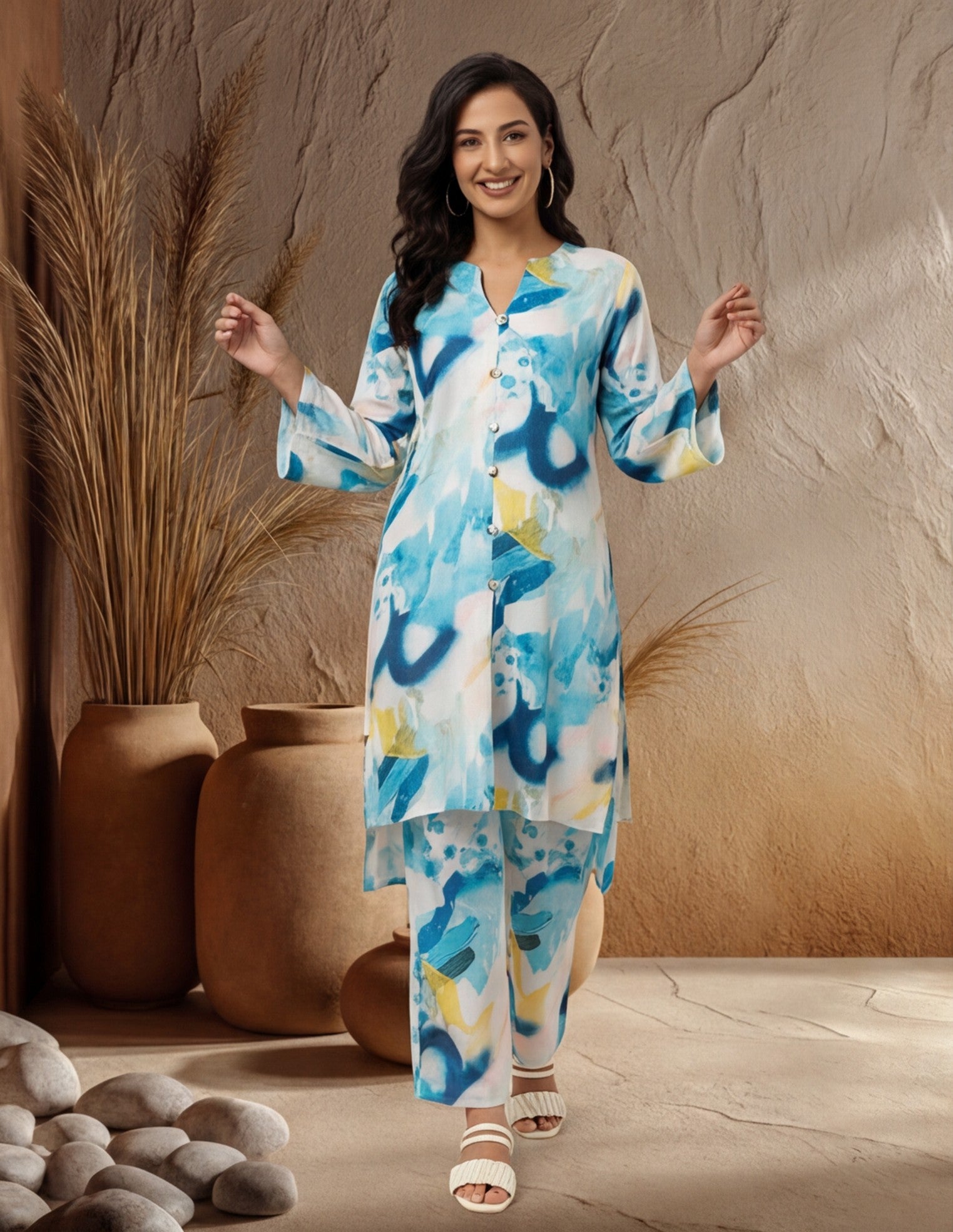 Blue Abstract Print Straight Kurta And Palazzo