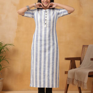Women White & Blue Striped Straight Kurta