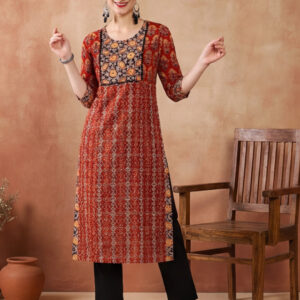 Women Maroon And Brown Printed Straight Kurta