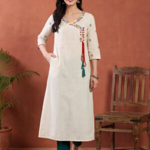Off White Embroidered A Line Kurta