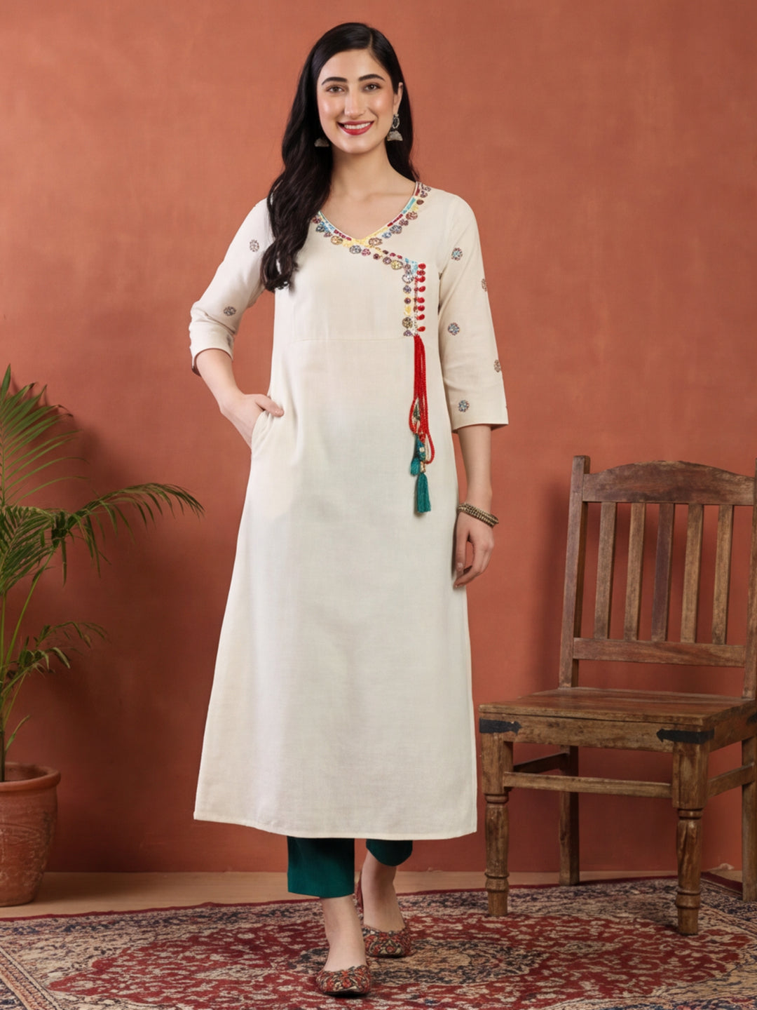 Off White Embroidered A Line Kurta