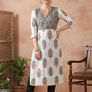 Women Off-White & Pink Printed Straight Kurta