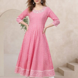 Women Pink Printed Anarkali with Embroidered Yoke