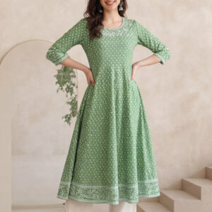 Women Green Printed Anarkali with Embroidered Yoke