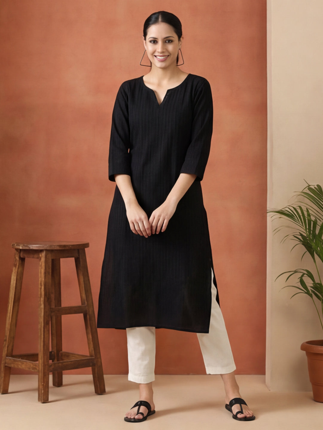Woven Design Embroidered Straight Pure Cotton Kurta