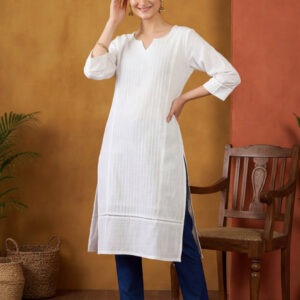 Women White Cotton Pin Tucks Straight Kurta