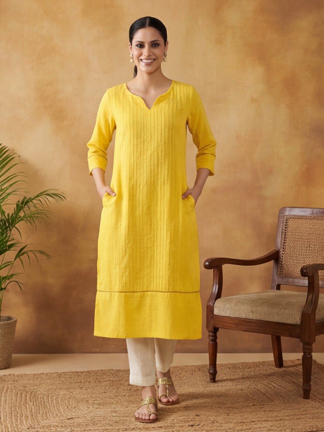 Woven Design Embroidered Straight Pure Cotton Kurta