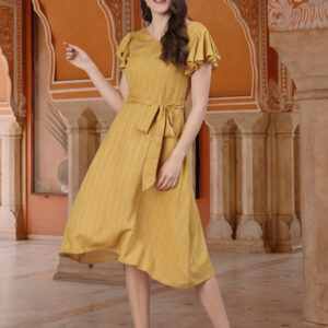 Yellow Self Weave Rayon Flared Dress With Belt