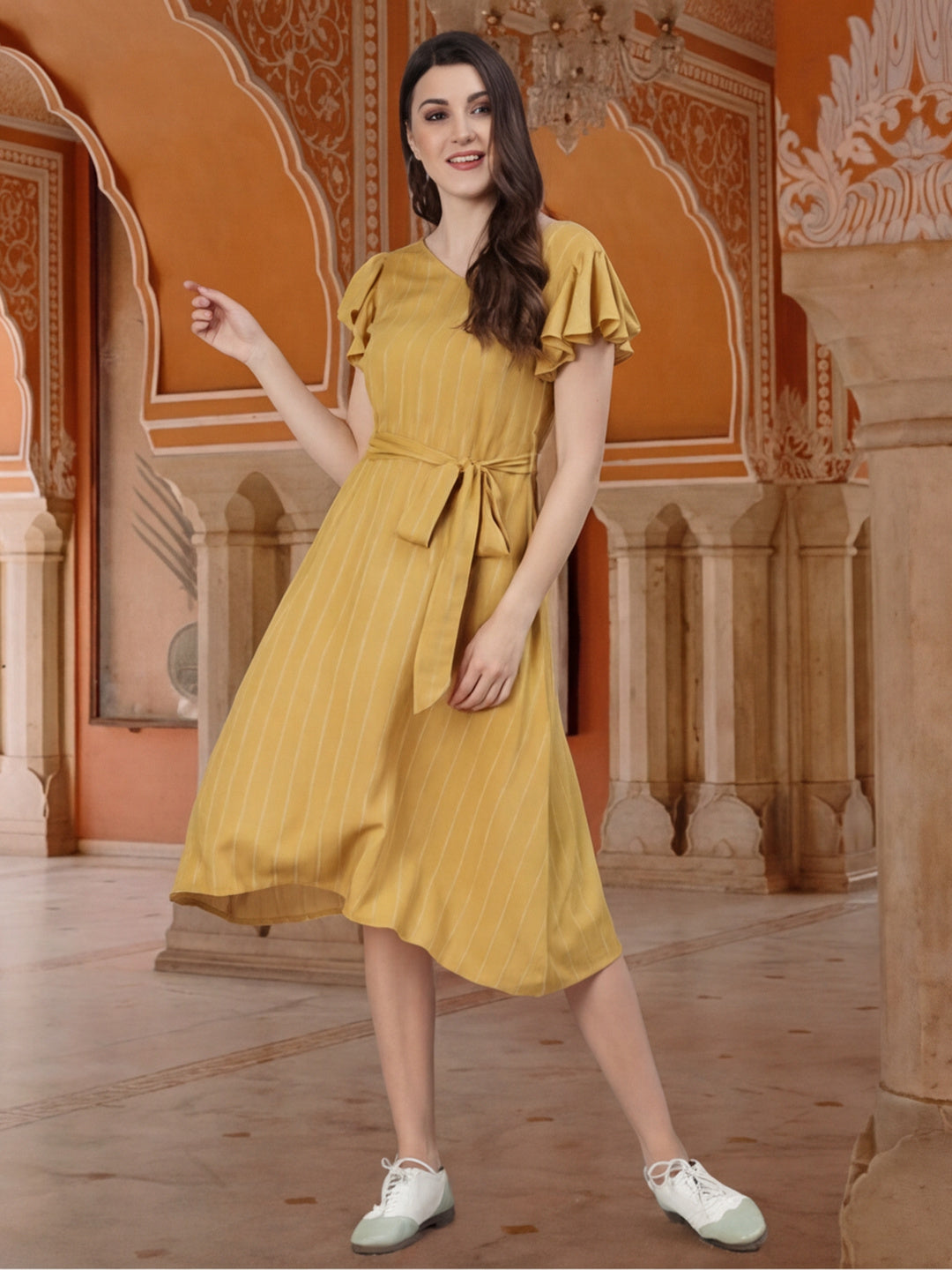 Yellow Self Weave Rayon Flared Dress With Belt