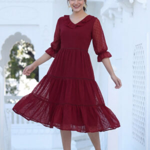 Red Color Polka Self Weave Georgette Tiered Lace Inserted Dress