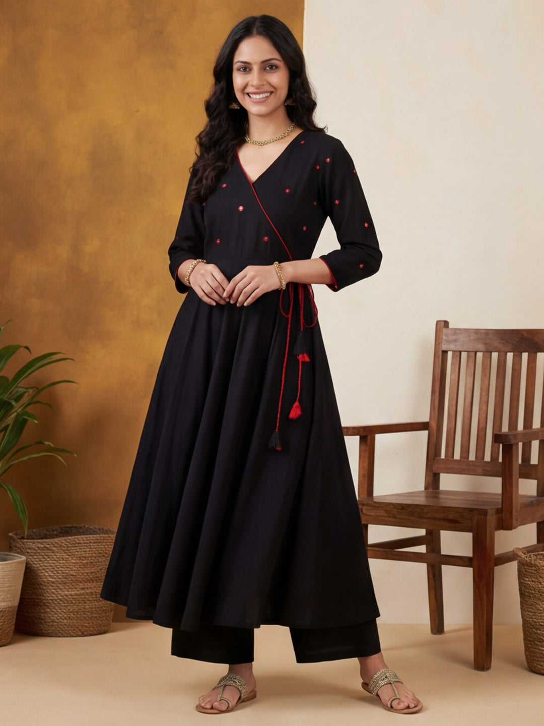 Solid Embroidered Flared Kurta & Trousers Sets