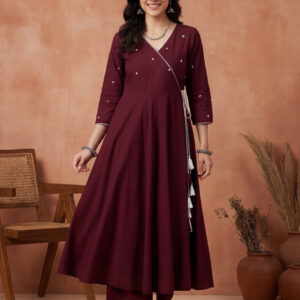 Solid Embroidered Flared Kurta & Trousers Sets