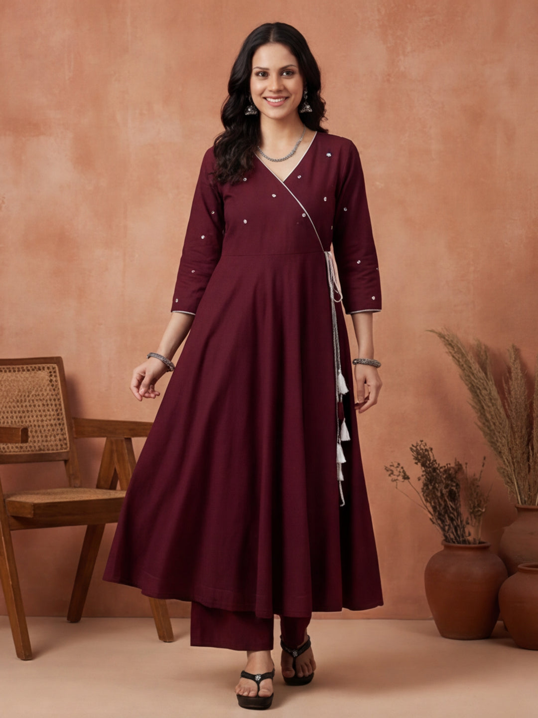 Solid Embroidered Flared Kurta & Trousers Sets