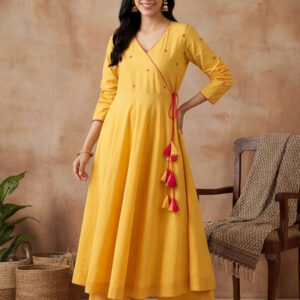 Solid Embroidered Flared Kurta & Trousers Sets