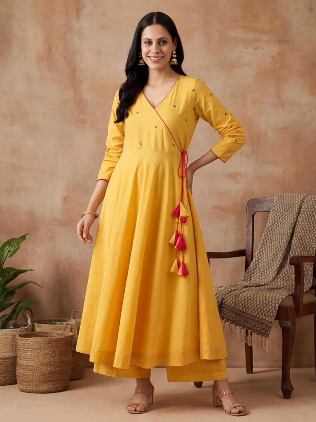 Solid Embroidered Flared Kurta & Trousers Sets