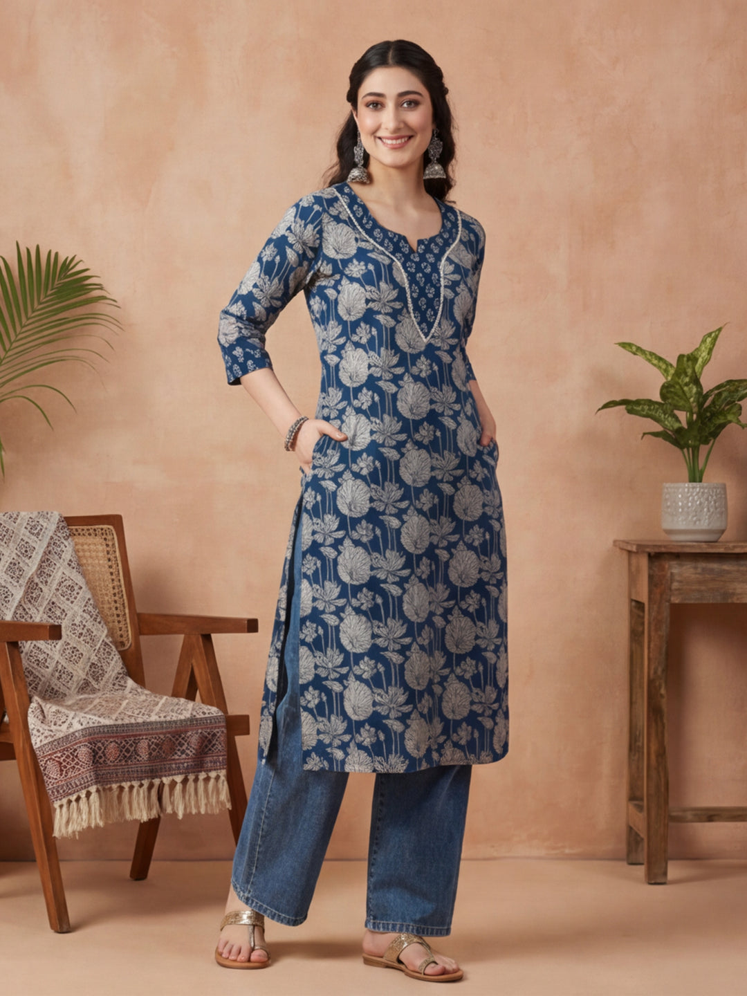 Floral Embroidered Straight Pure Cotton Kurta