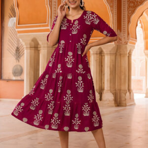 Floral Printed A-Line Tiered Ethnic Dress