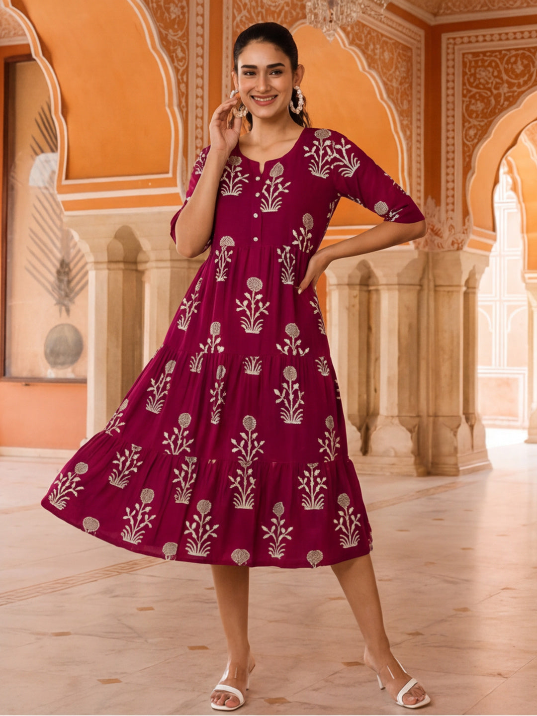 Floral Printed A-Line Tiered Ethnic Dress