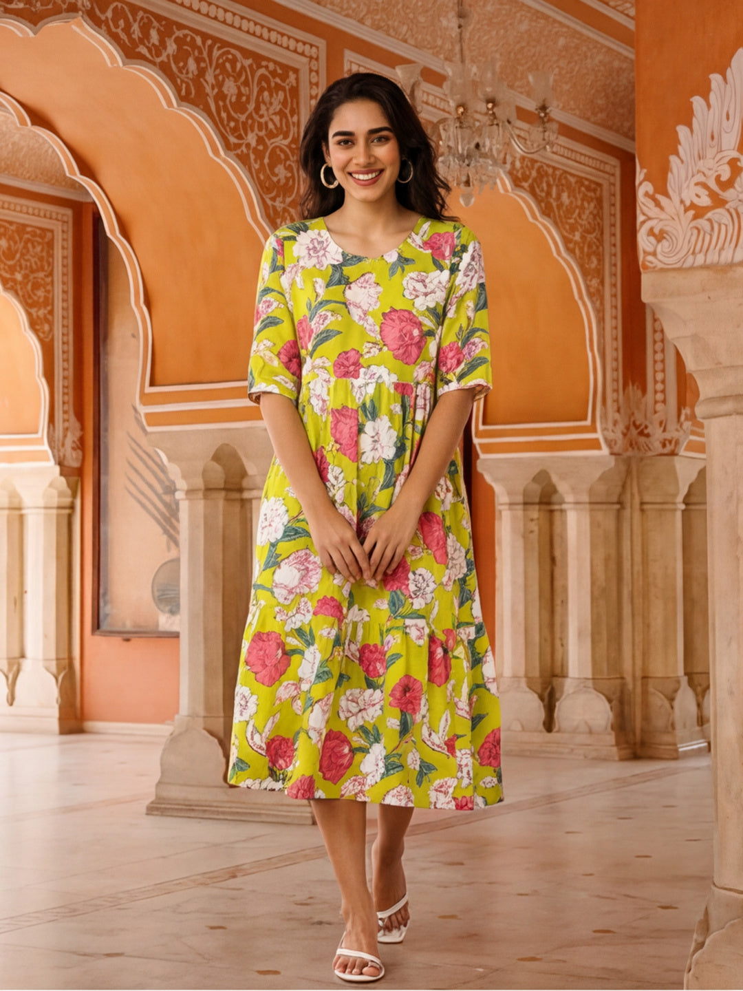 Floral Printed A-Line Tiered Ethnic Dress
