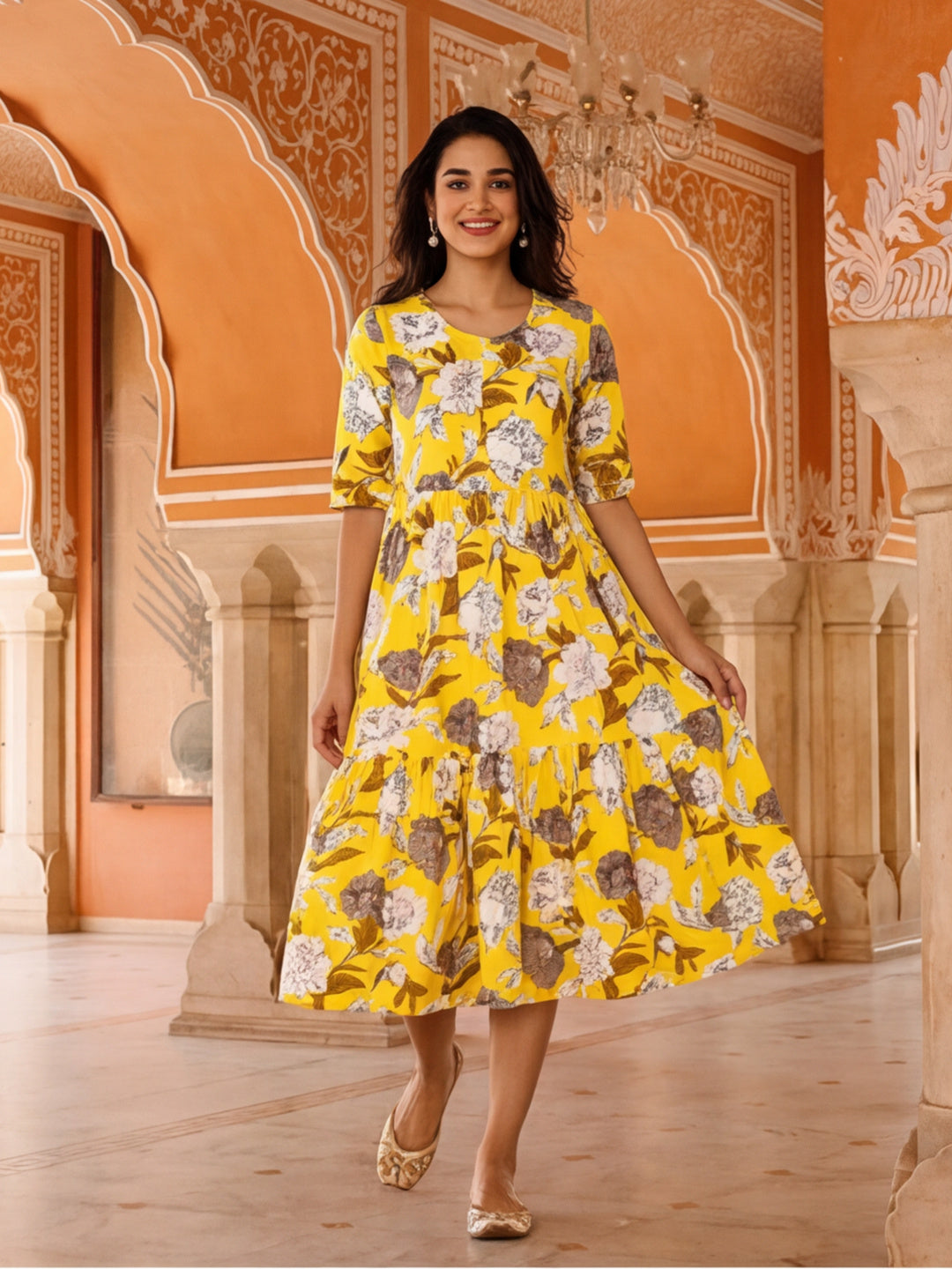 Floral Printed A-Line Tiered Ethnic Dress