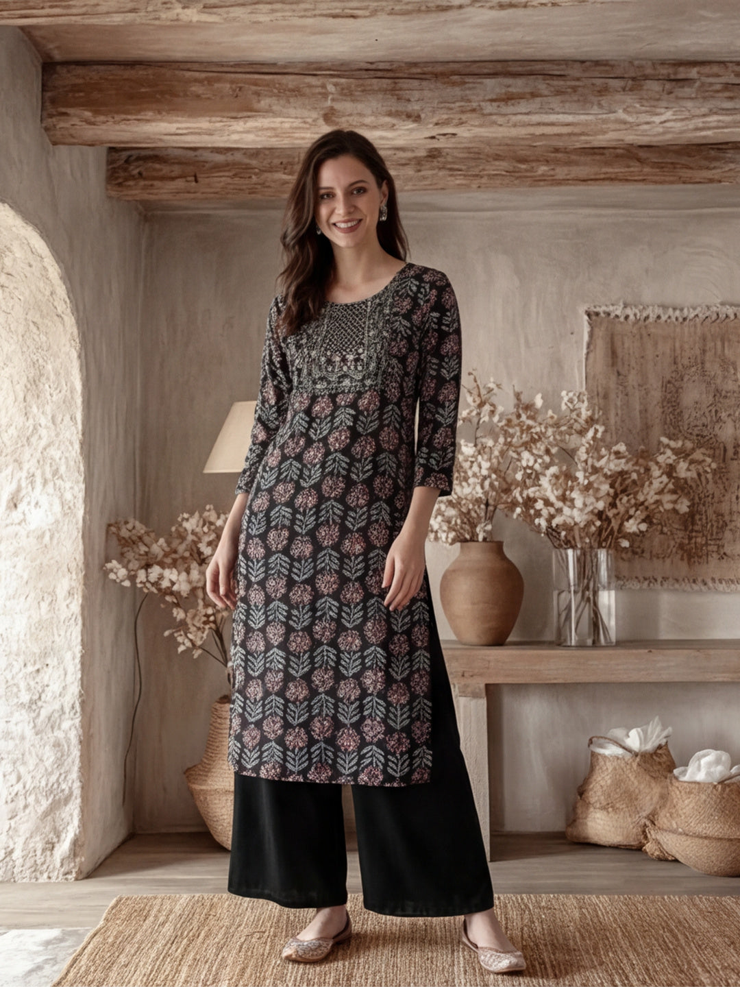 Floral Embroidered Straight Kurta
