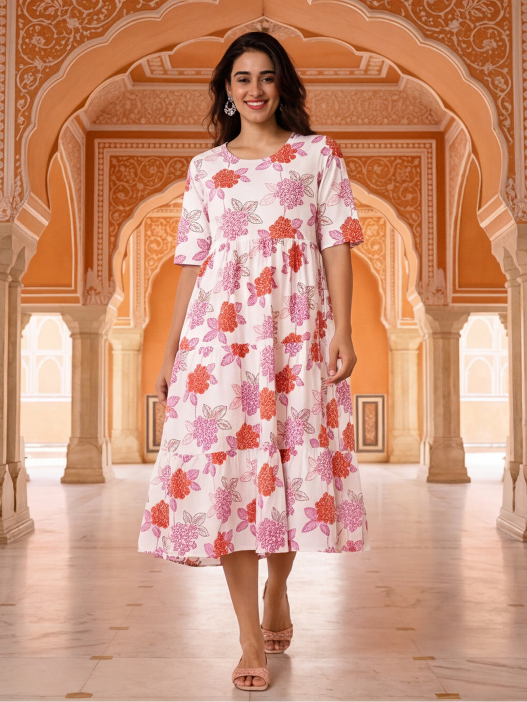 Floral Printed A-Line Pure Cotton Ethnic Dress