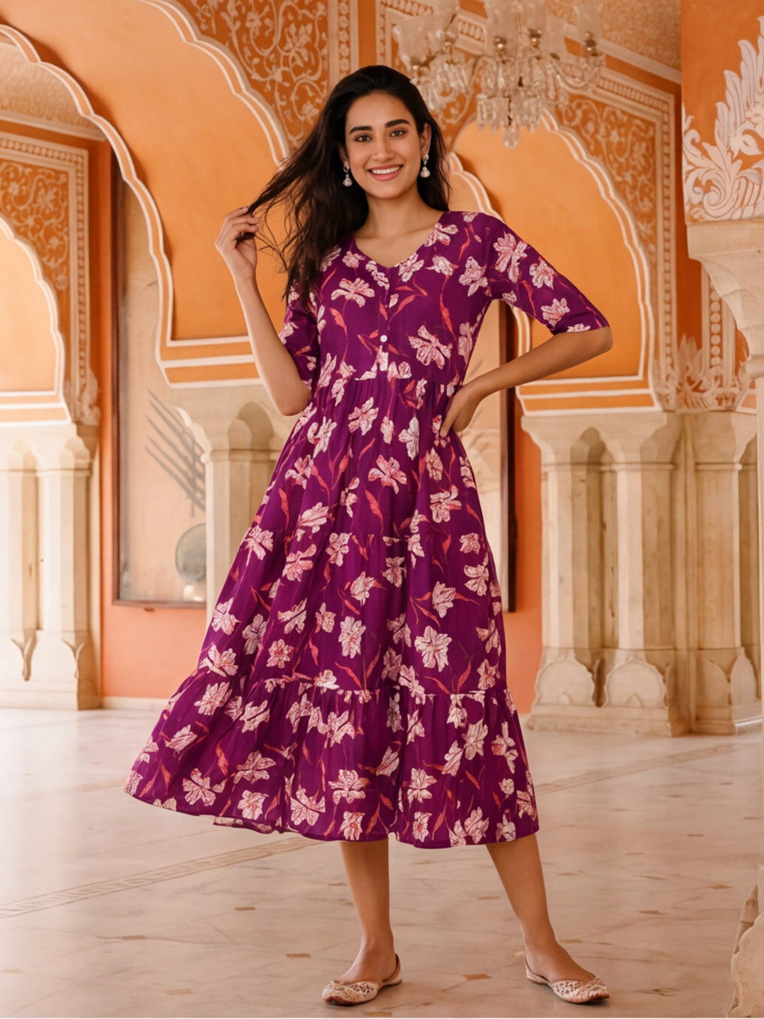 Floral Printed A-Line Tiered Ethnic Dress