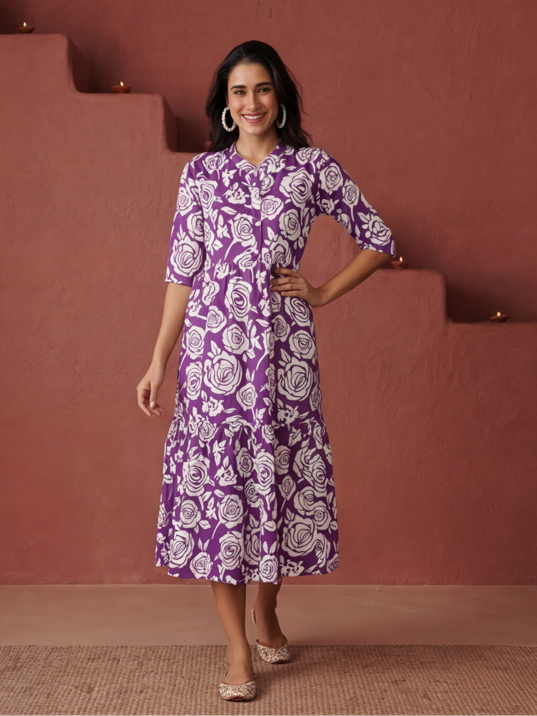 Floral Printed A-Line Tiered Ethnic Dress