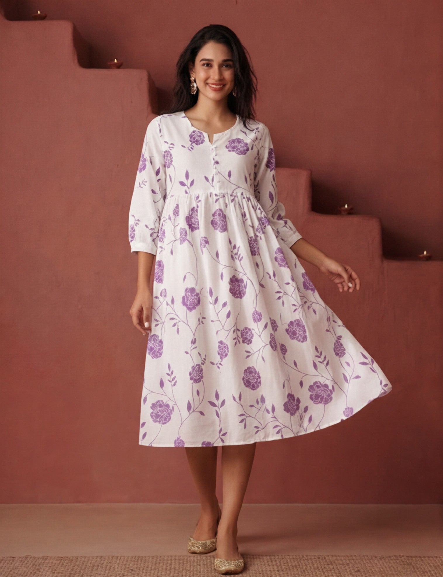 Floral Printed A-Line Pure Cotton Ethnic Dress