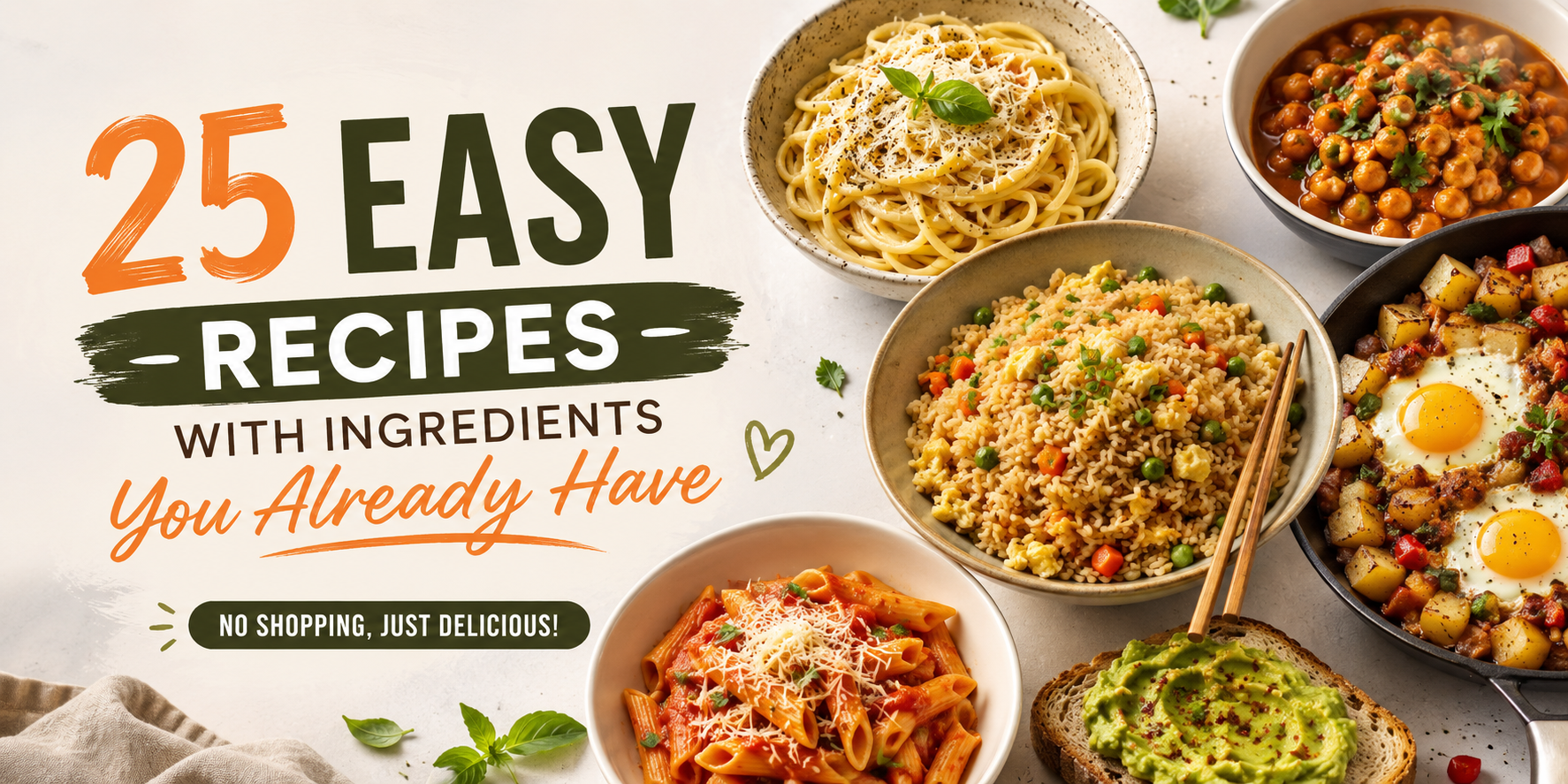 25 easy recipes with ingredients you already have, featuring quick pasta, fried rice, chickpea curry, potato hash, and other simple pantry meals