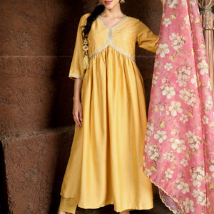 Yellow Art Silk Flared Kurta With Floral Printed Organza Dupatta