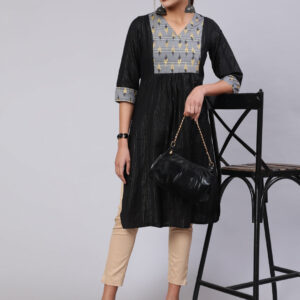 Black Self Weave Straight Kurta