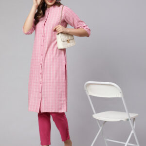 Pink Self Weaved Checkered Straight Embroidered Kurta With Pants
