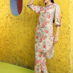 Peach Rose Floral Printed Kurta With Pants