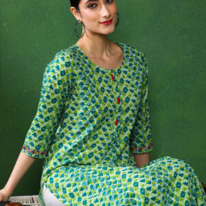 Green & Blue Geometric Print Straight Cotton Kurta