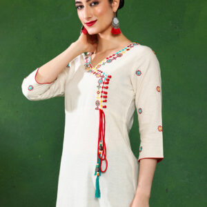 Off-White Embroidered A-Line Cotton Blend Angrakha Kurta