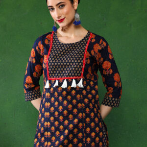 Navy Blue Ethnic Print Straight Cotton Kurtas