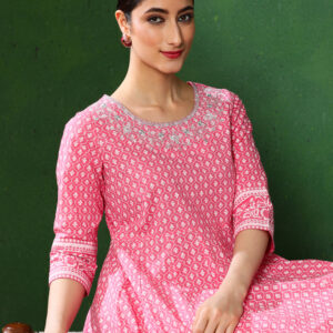 Pink Printed Anarkali With Embroidered Yoke